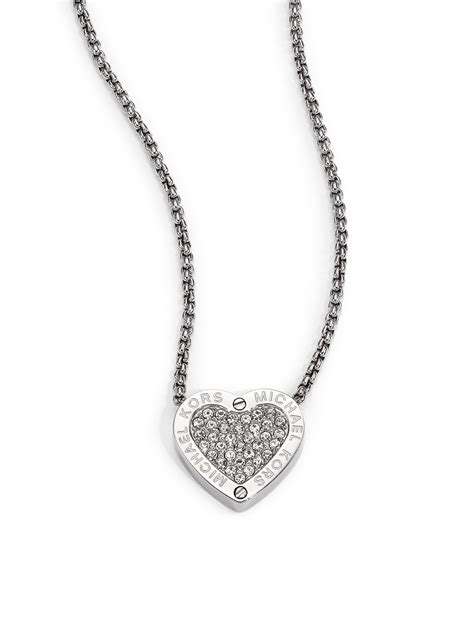 michael kors pavé silver tone heart charm necklace|Michael Kors Sterling Silver Pavé Heart Pendant Necklace .